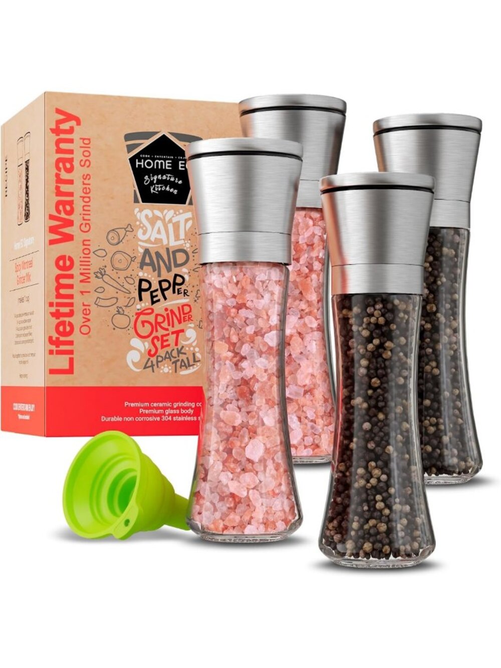 Stainless Steel Salt and Pepper Grinder Set - Adjustable Ceramic, Tall Glass
